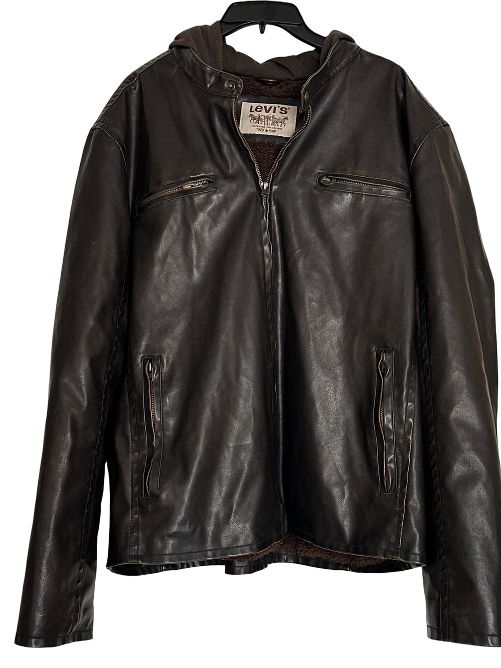 Levi's Men's Dark Brown Faux Leather Full Zip Sherpa Lined Hooded Bomber Jacket